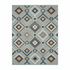 Patterned rug with geometric design on a light blue background