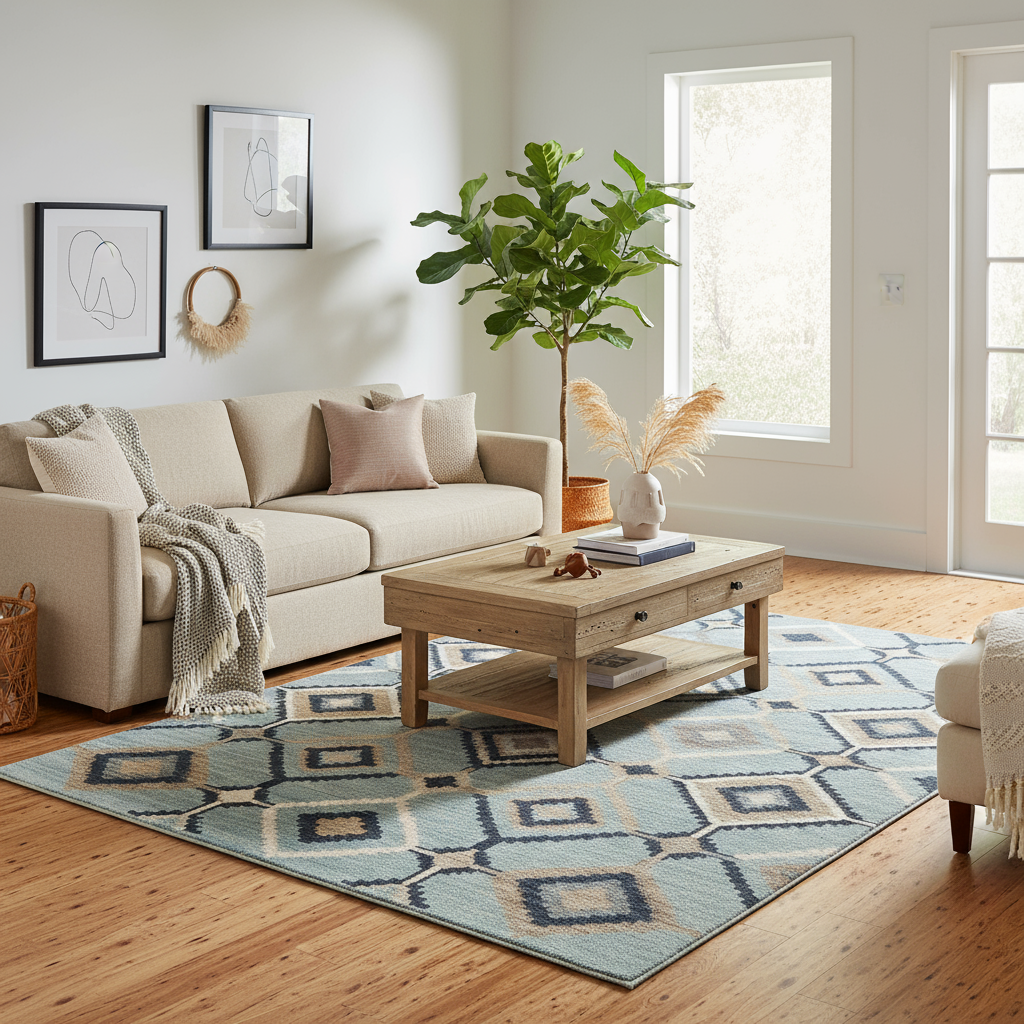 Living room with beige sofa, wooden coffee table, and decorative elements.