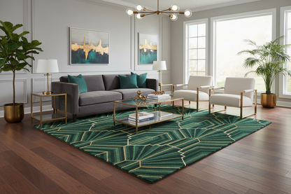 Living room with a gray sofa, green rug, and decorative elements.
