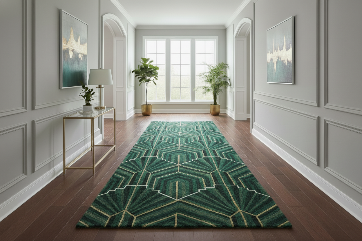 Emerald Green Art Deco Wool Rug