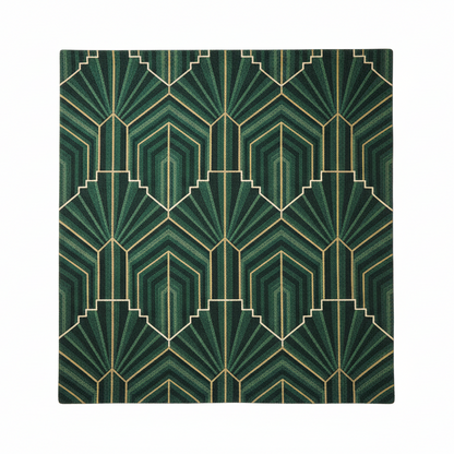 Green geometric patterned rug on a white background