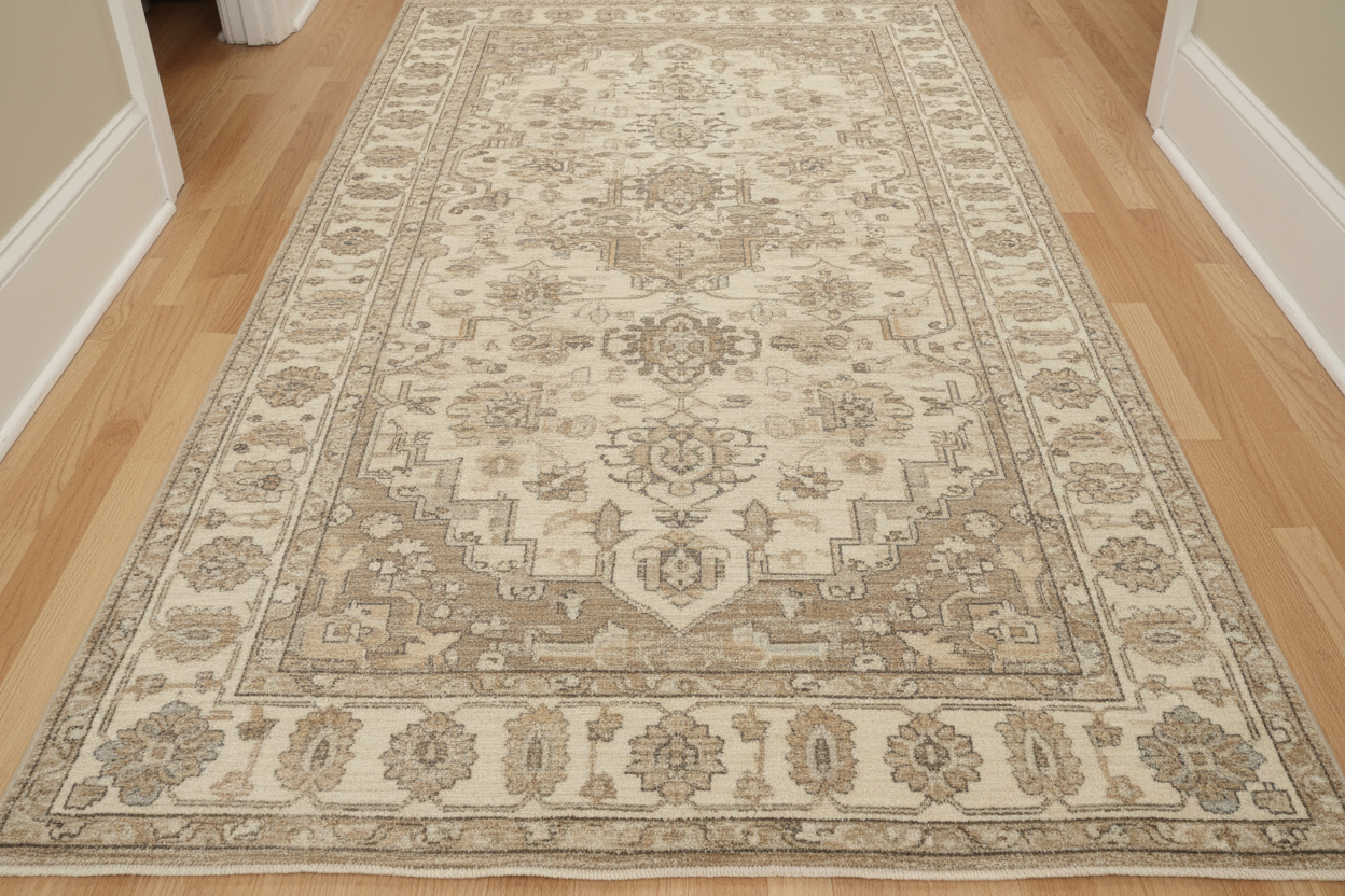 Hand-Knotted Oushak Runner Rug: Ivory Taupe Wool Hallway Carpet