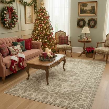 Ivory taupe hand-knotted wool Oushak rug with traditional floral design, displayed on light wood floor in living room