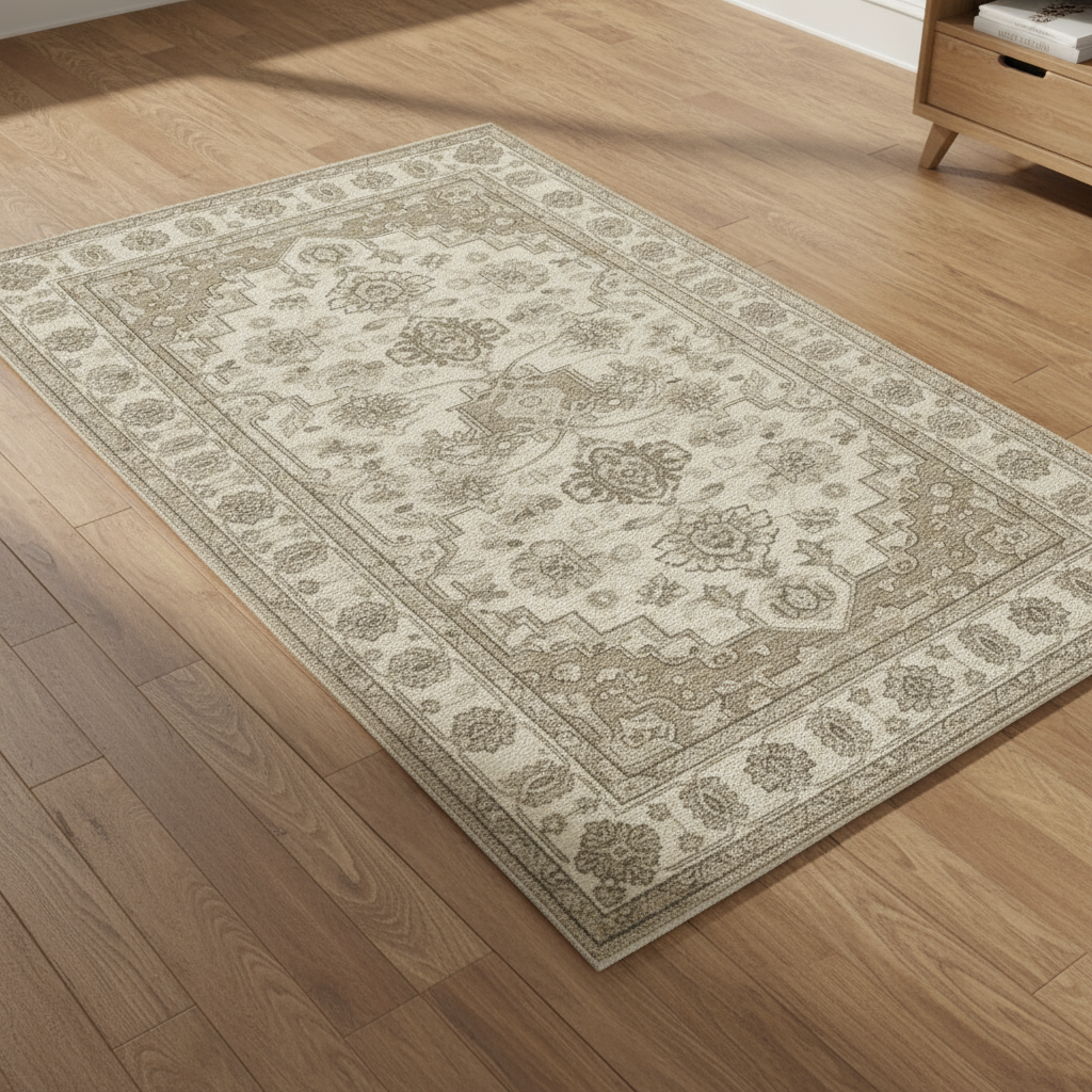 Classic floral hand-knotted wool rug with taupe and ivory hues, perfect for bedroom or dining area