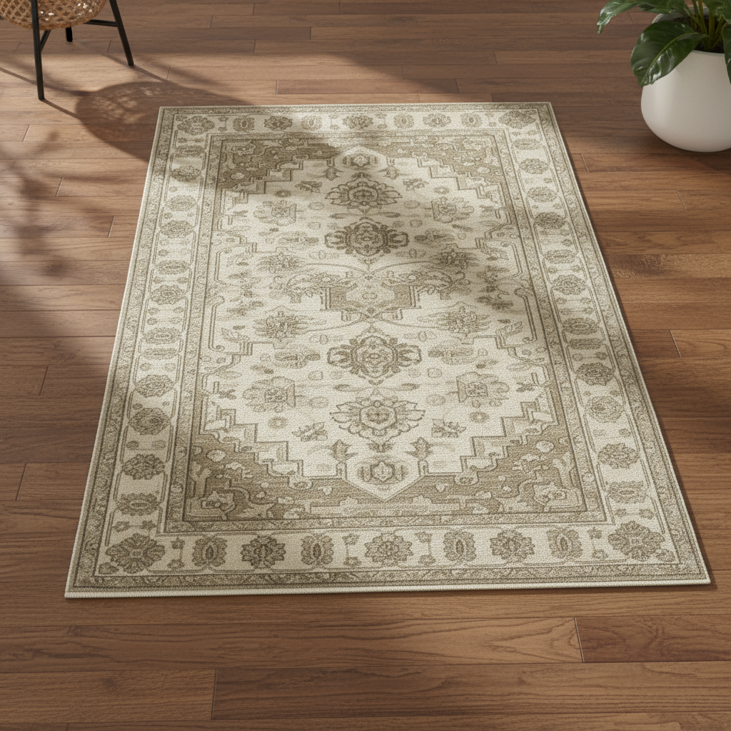 Handcrafted Oushak rug in ivory and beige tones, made of premium wool blend for modern living spaces.