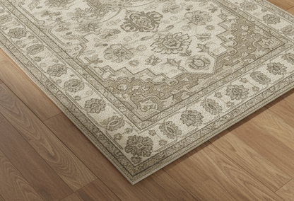 Neutral floral wool rug in ivory and taupe, hand-knotted for luxury interiors and soft underfoot comfort.