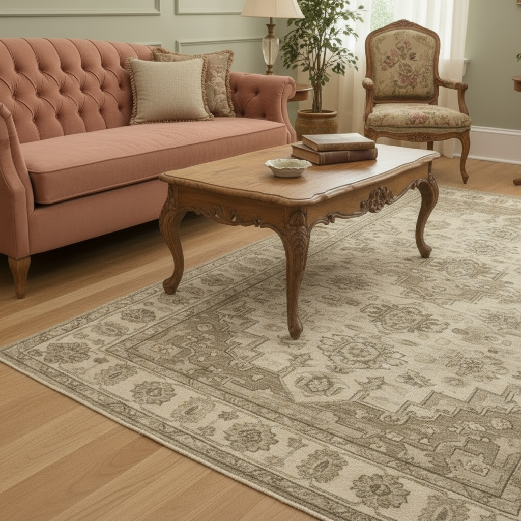 Traditional Oushak style handwoven rug in ivory and beige, ideal for all USA homes and living rooms