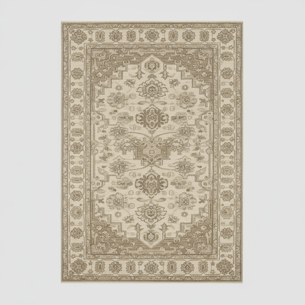 Ivory taupe Turkish Oushak area rug with detailed border pattern, artisan woven for timeless home décor