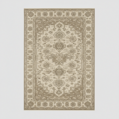Ivory taupe Turkish Oushak area rug with detailed border pattern, artisan woven for timeless home décor