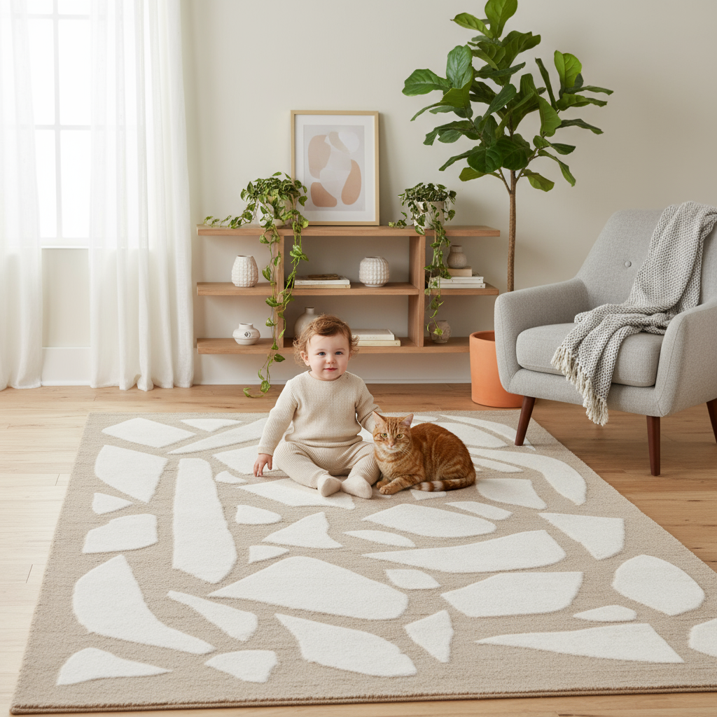 Cream Beige Abstract Hand Tufted Wool Blend Area Rug