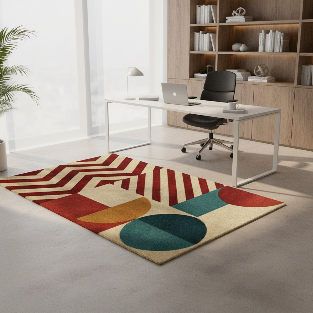 Modern office with a colorful geometric rug on the floor.