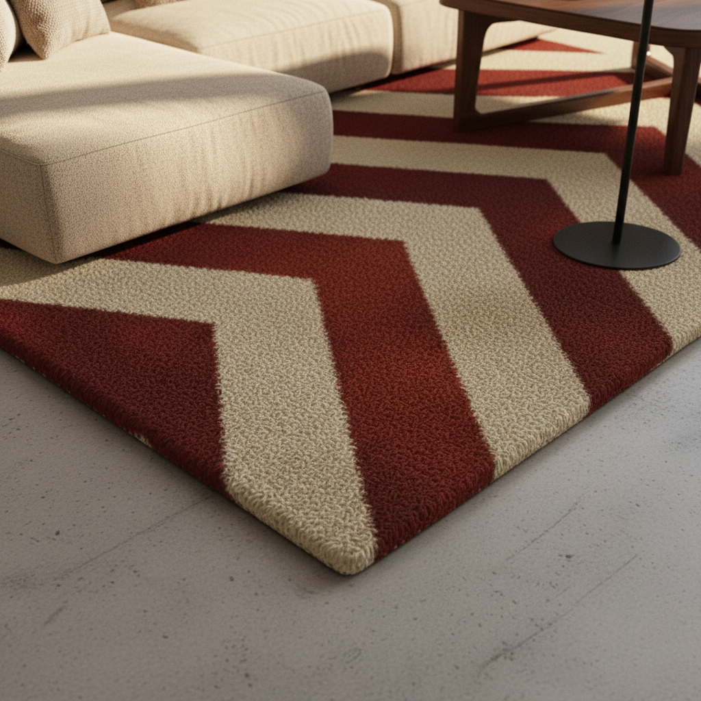 Red and beige chevron patterned rug in a living room setting.