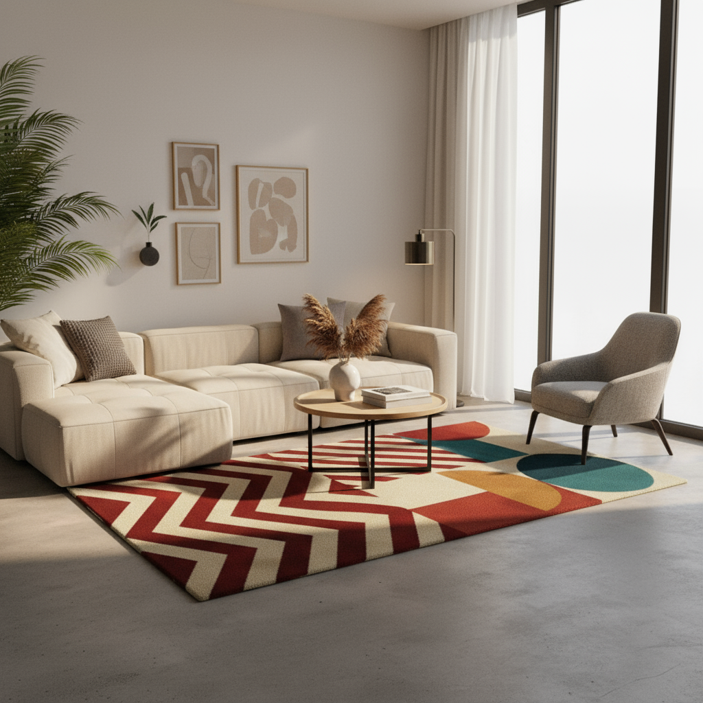 Modern living room with a beige sectional sofa, armchair, and colorful geometric rug.