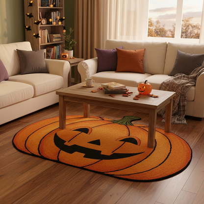 Hand-tufted orange pumpkin wool blend rug with jack-o’-lantern design for Halloween home decor