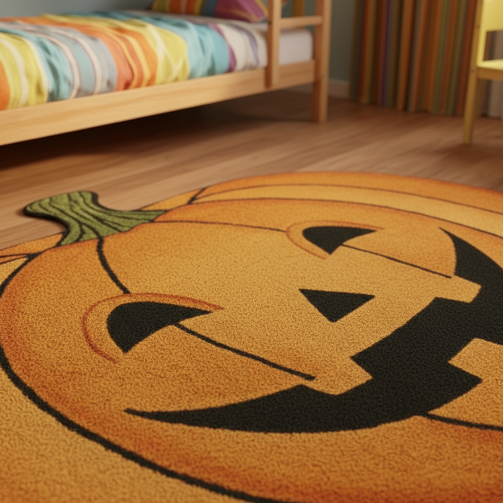 Vibrant hand-tufted pumpkin rug with black detailing, ideal for Halloween and all living spaces
