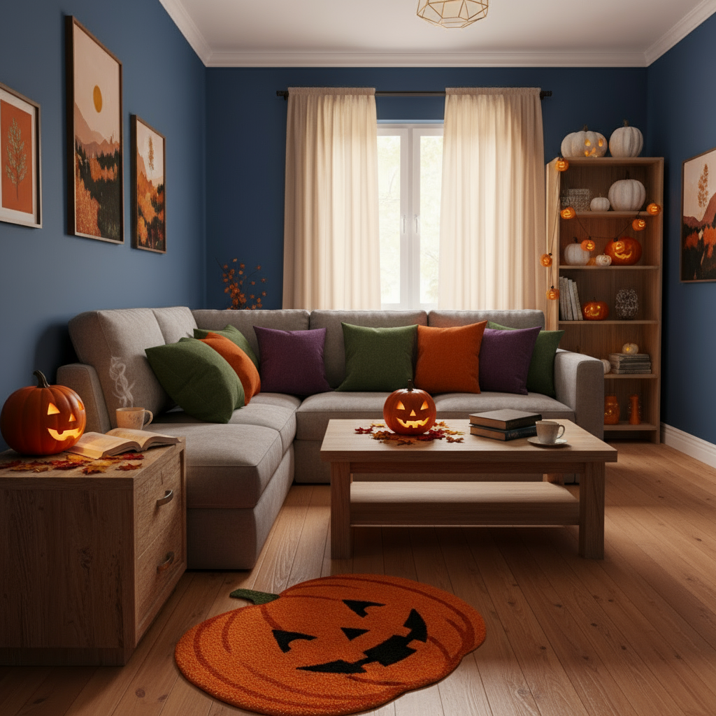 Festive pumpkin-shaped wool rug in orange and black colors placed in cozy living space