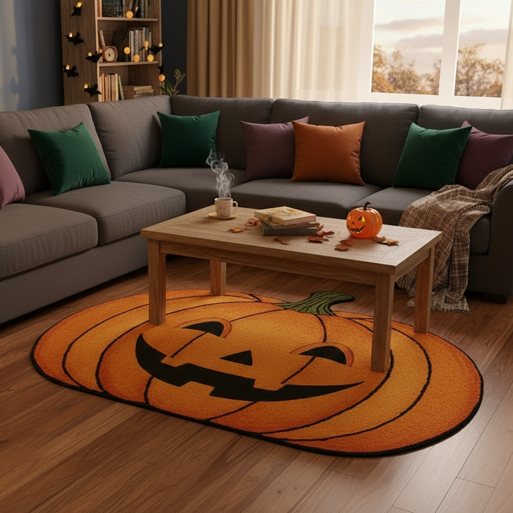 Festive pumpkin-shaped wool rug in orange and black colors placed in cozy living space