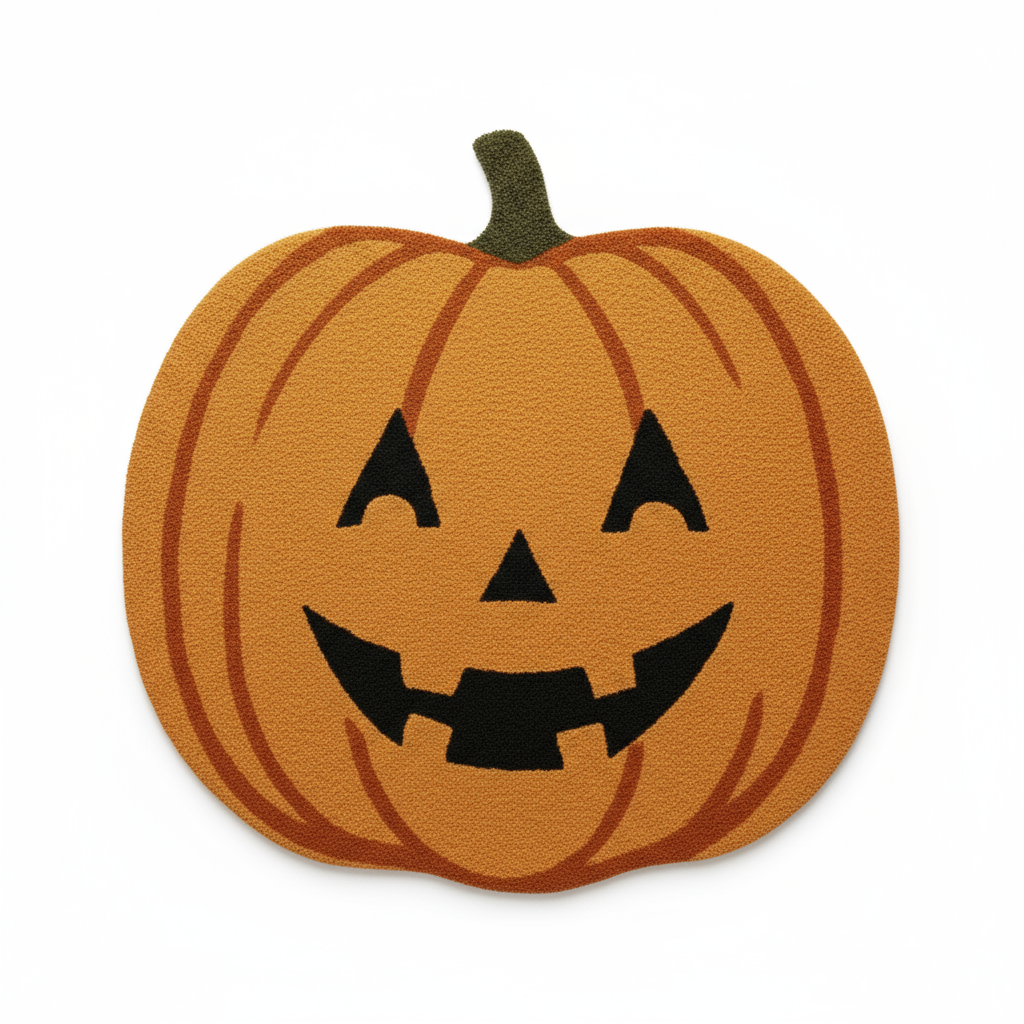 Halloween-themed hand-tufted rug featuring smiling jack-o’-lantern face, made from durable wool blend