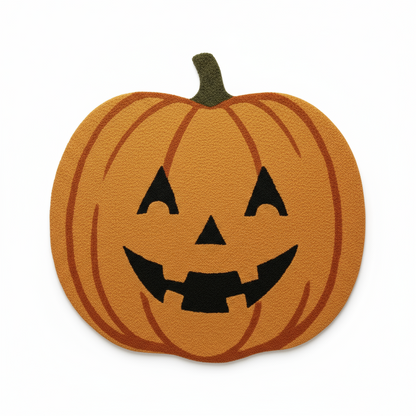 Halloween-themed hand-tufted rug featuring smiling jack-o’-lantern face, made from durable wool blend