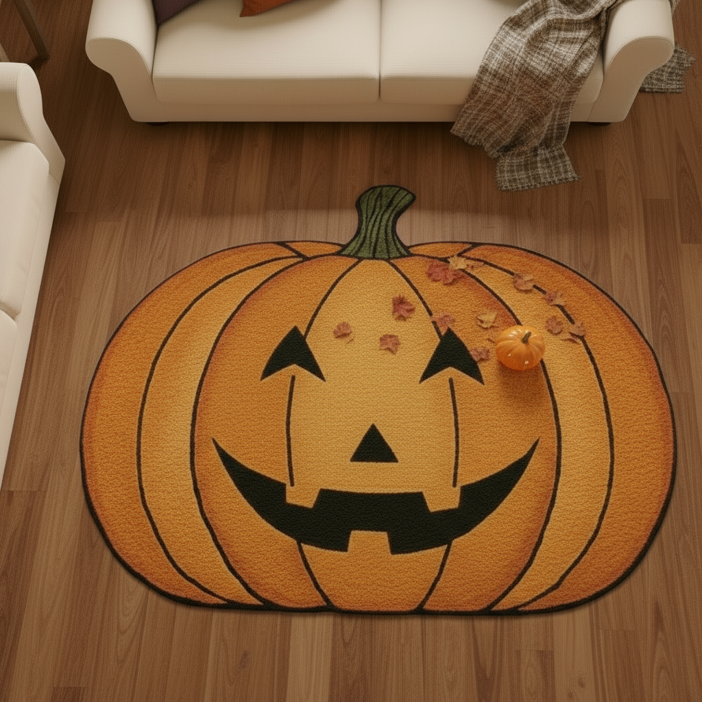 Festive pumpkin-shaped wool rug in orange and black colors placed in cozy living space