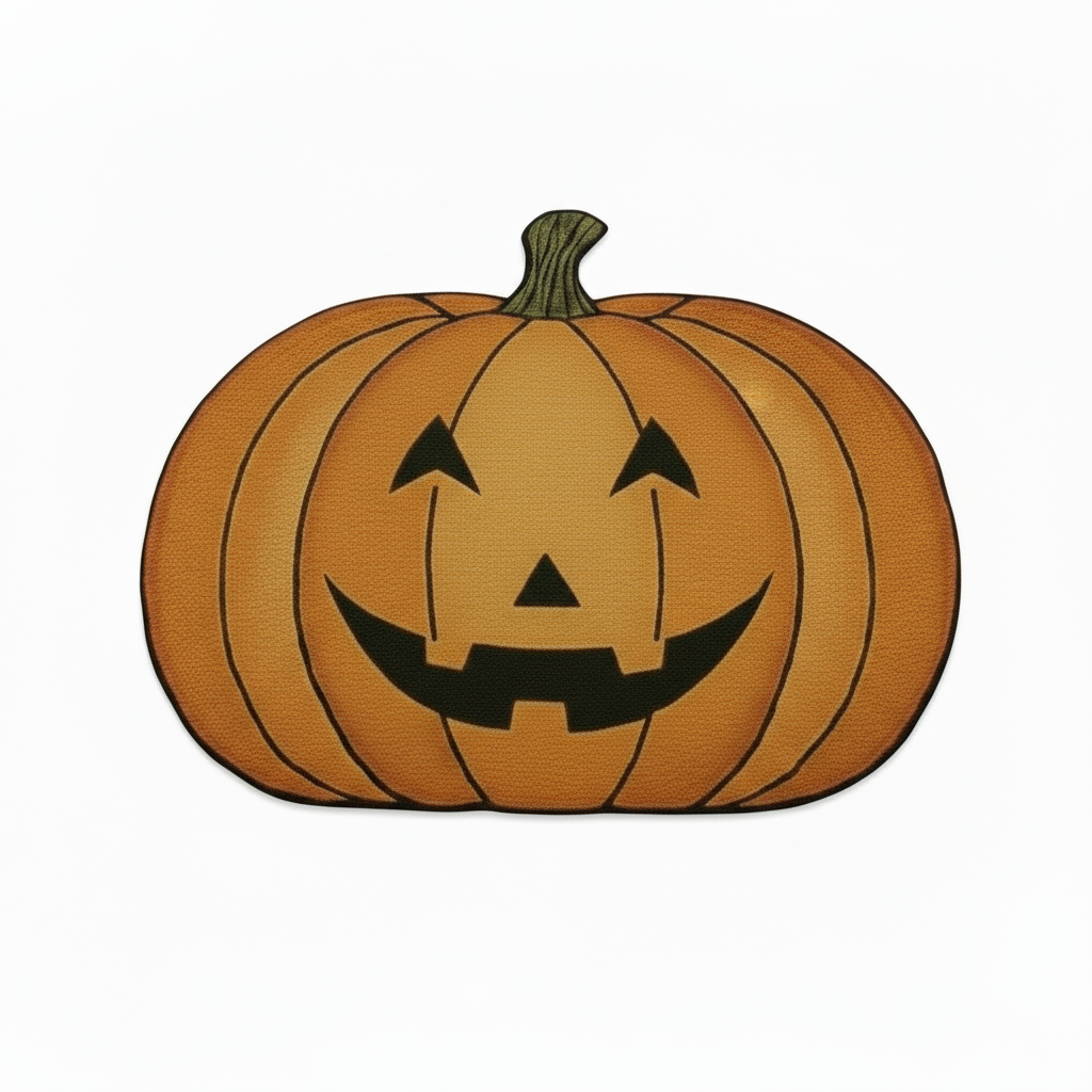 Halloween-themed hand-tufted rug featuring smiling jack-o’-lantern face, made from durable wool blend