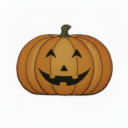 Halloween-themed hand-tufted rug featuring smiling jack-o’-lantern face, made from durable wool blend