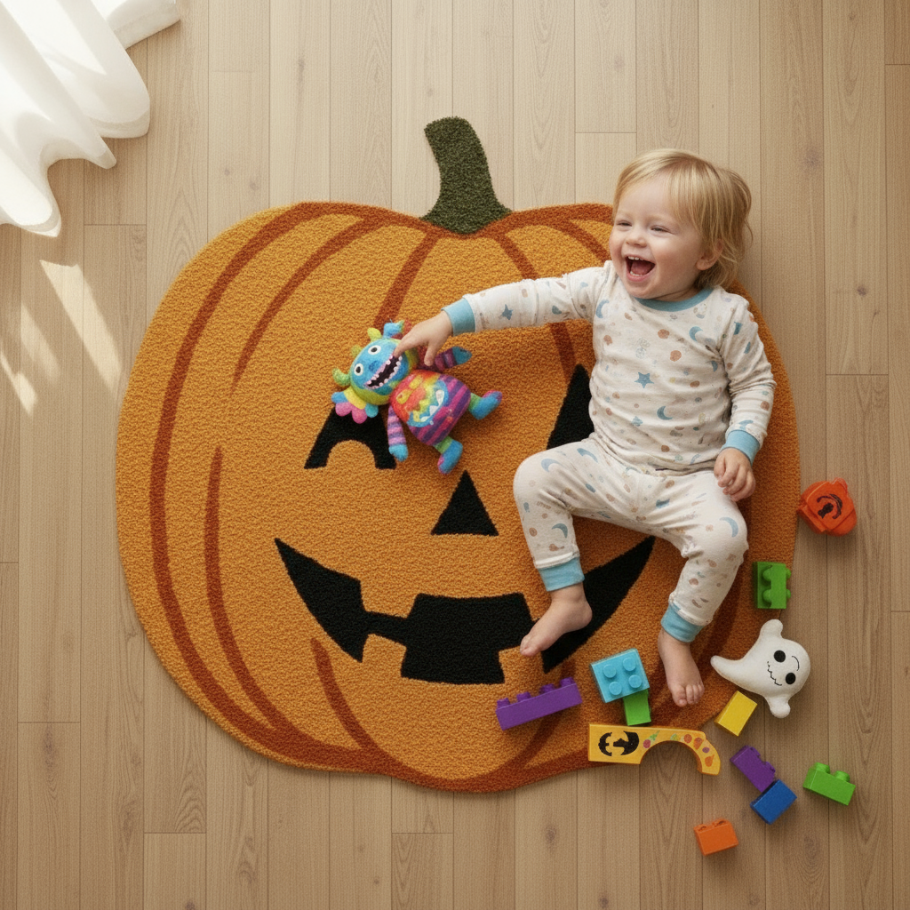 Soft low-pile pumpkin wool blend rug for living room, entryway, or kids’ playroom