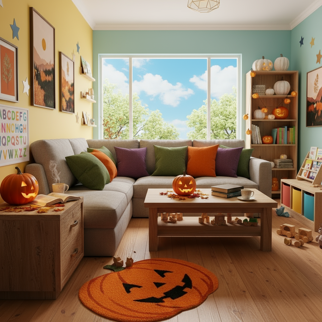 Hand-tufted orange pumpkin wool blend rug with jack-o’-lantern design for Halloween home decor