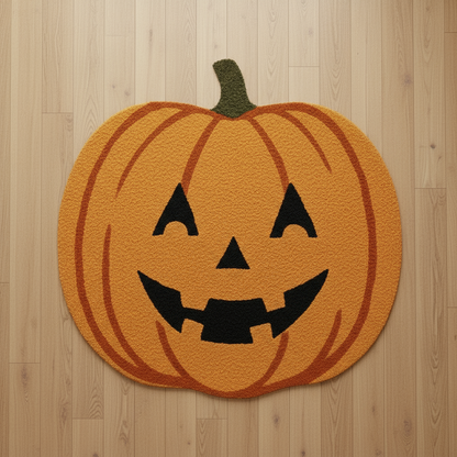 Artisan-crafted orange wool rug with pumpkin pattern, perfect for seasonal fall decoration