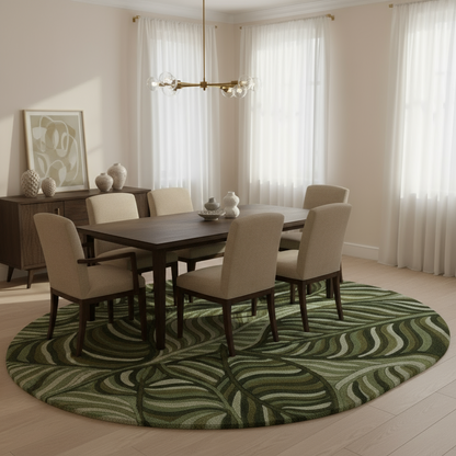 Dining room with a dark wooden table and beige chairs on a green patterned rug.