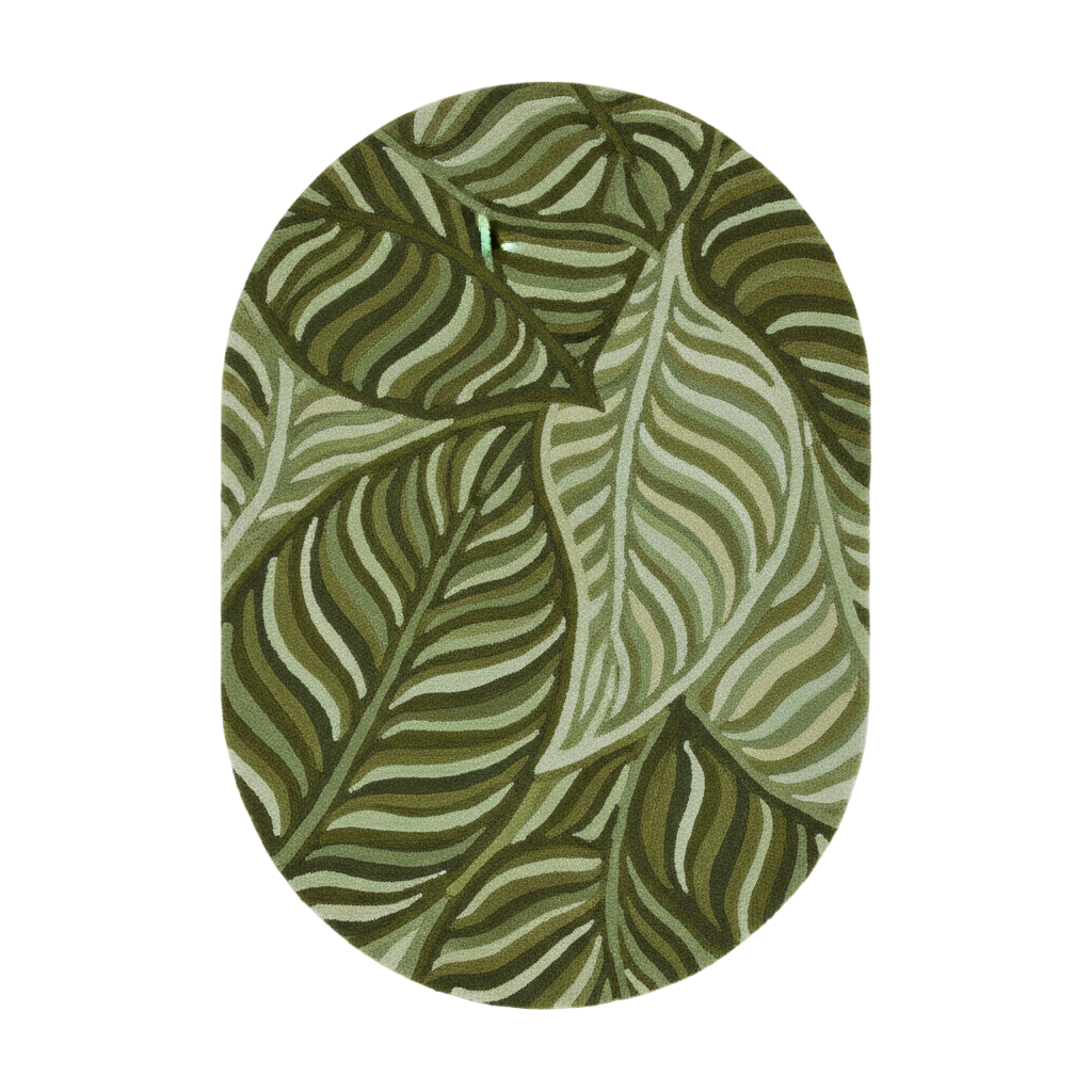 Green and white leaf patterned rug on a light gray background