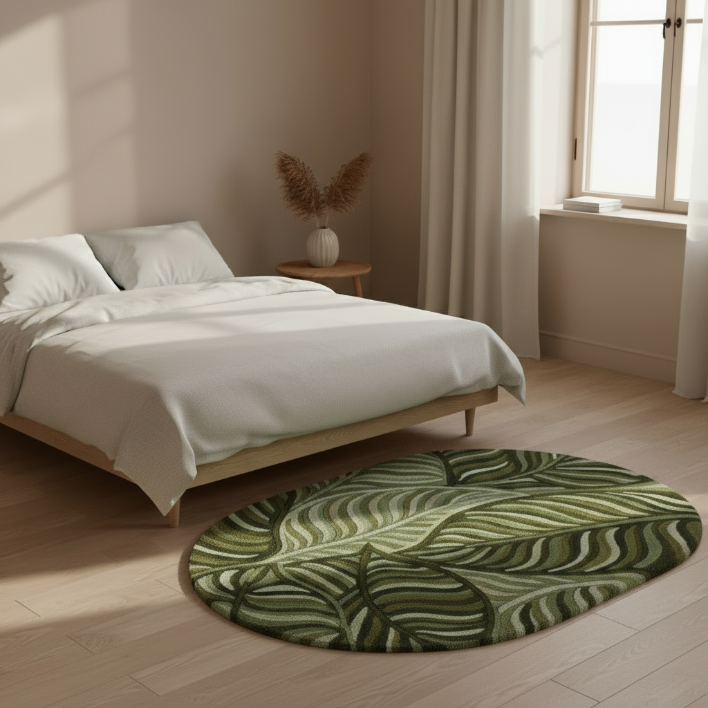 Bedroom with a green leaf-patterned rug on wooden flooring