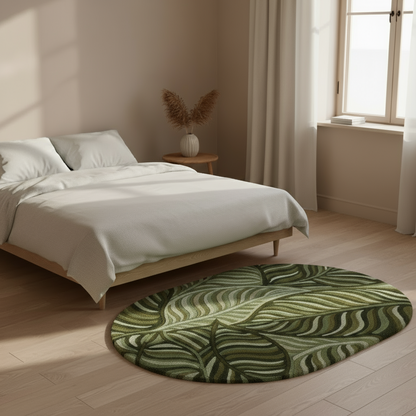 Bedroom with a green leaf-patterned rug on wooden flooring