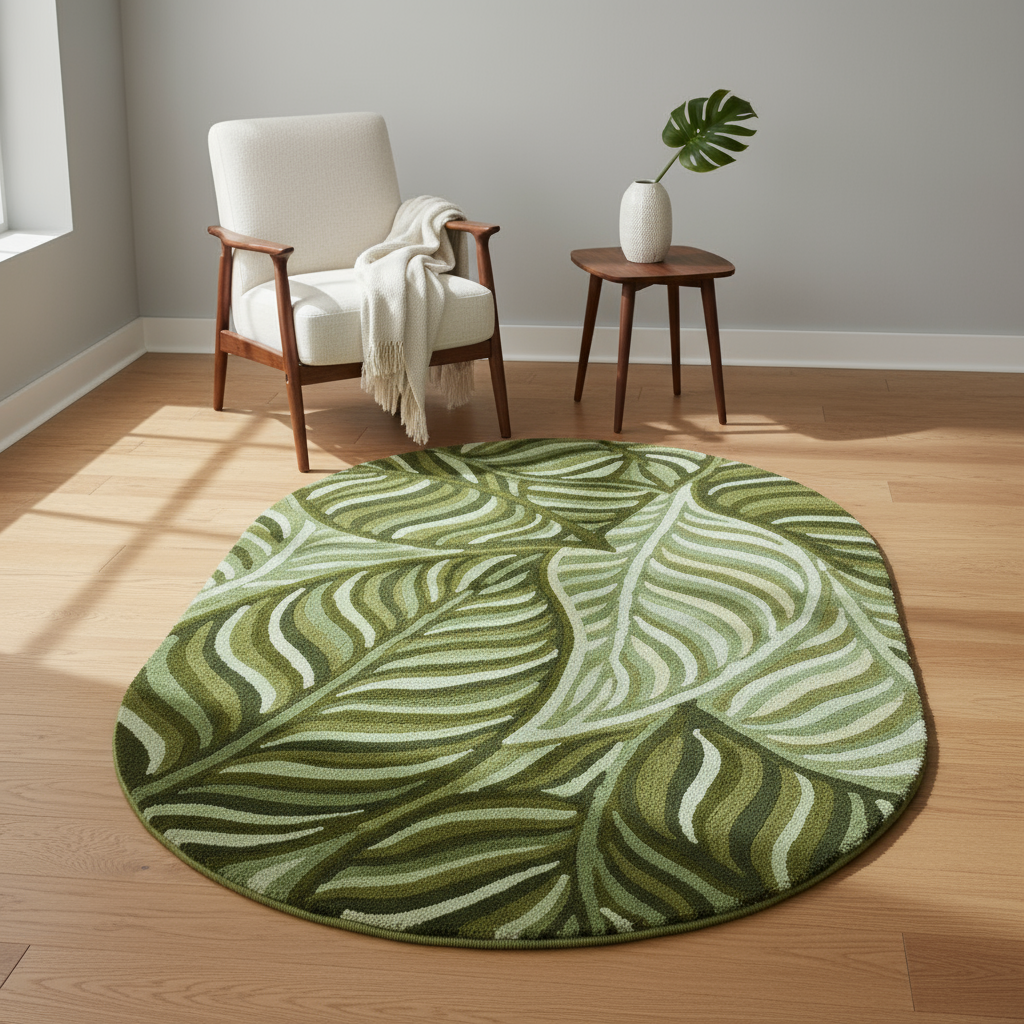 Round green leaf-patterned rug on a wooden floor with a chair and side table in the background.