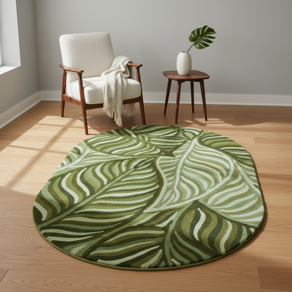 Round green leaf-patterned rug on a wooden floor with a chair and side table in the background.