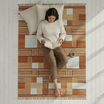 Luxury striped handwoven rug with ivory fringe