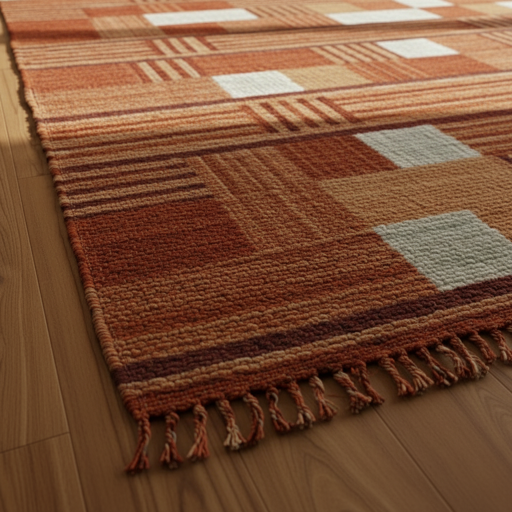 Patterned rug with tassels on a wooden floor