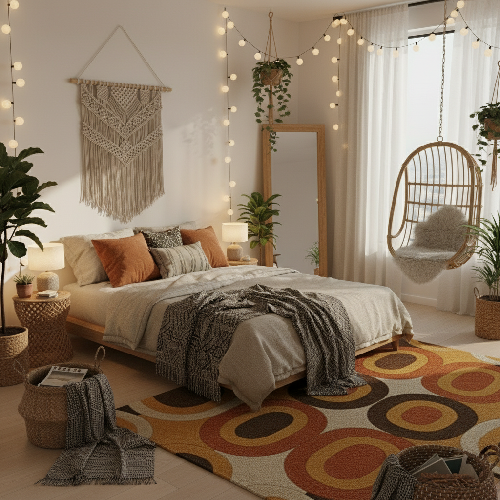 Retro Orange Brown Patterned Wool Blend Area Rug