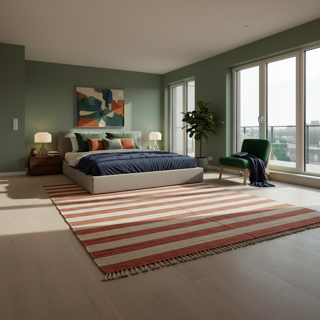 Modern bedroom with striped rug, bed, and large windows.