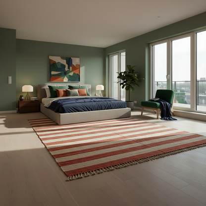 Modern bedroom with striped rug, bed, and large windows.