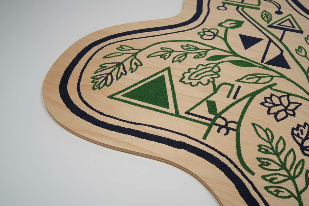 Modern abstract floral rug in beige, green, and navy colors with an irregular organic outline.