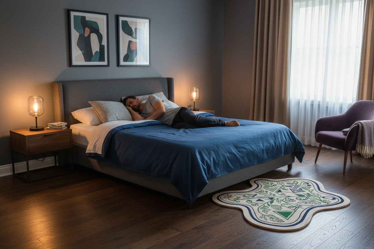 Artistic irregular rug with plant illustrations and triangle patterns on a light beige background.