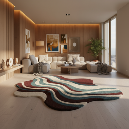 Modern living room with a colorful rug on a wooden floor