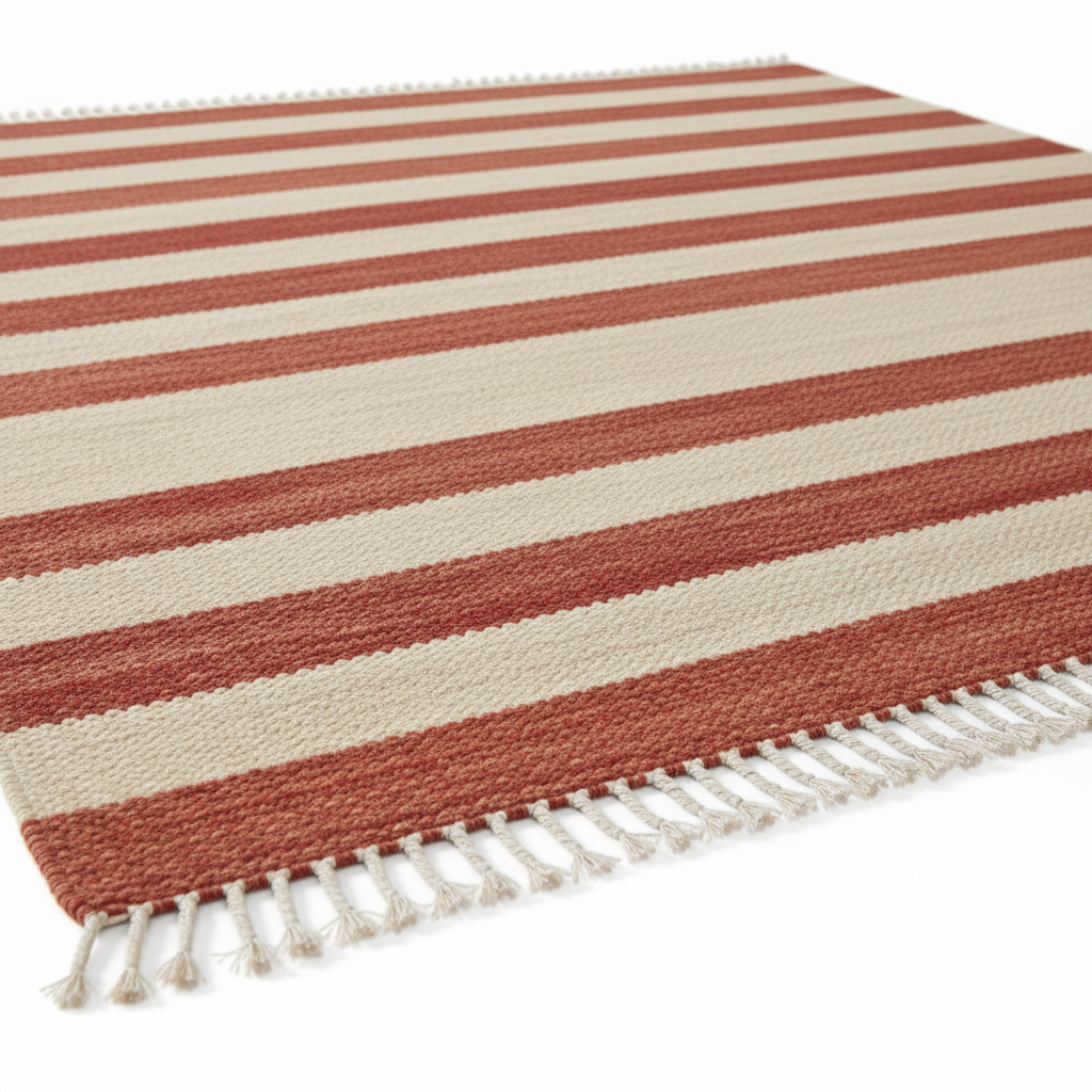 Striped red and beige rug with tassels on a white background