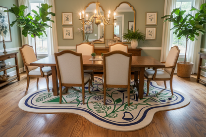 Contemporary hand-tufted area rug showing green leaves and abstract symbols with navy border.