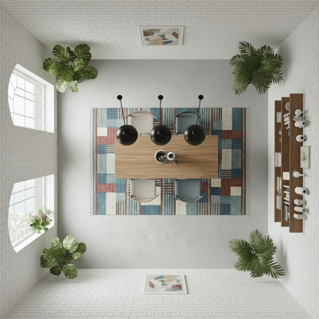 Modern dining room with a colorful geometric rug, wooden table, and decorative plants.