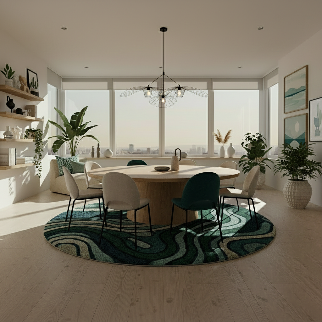 blue and green patterned wool blend rug for living room