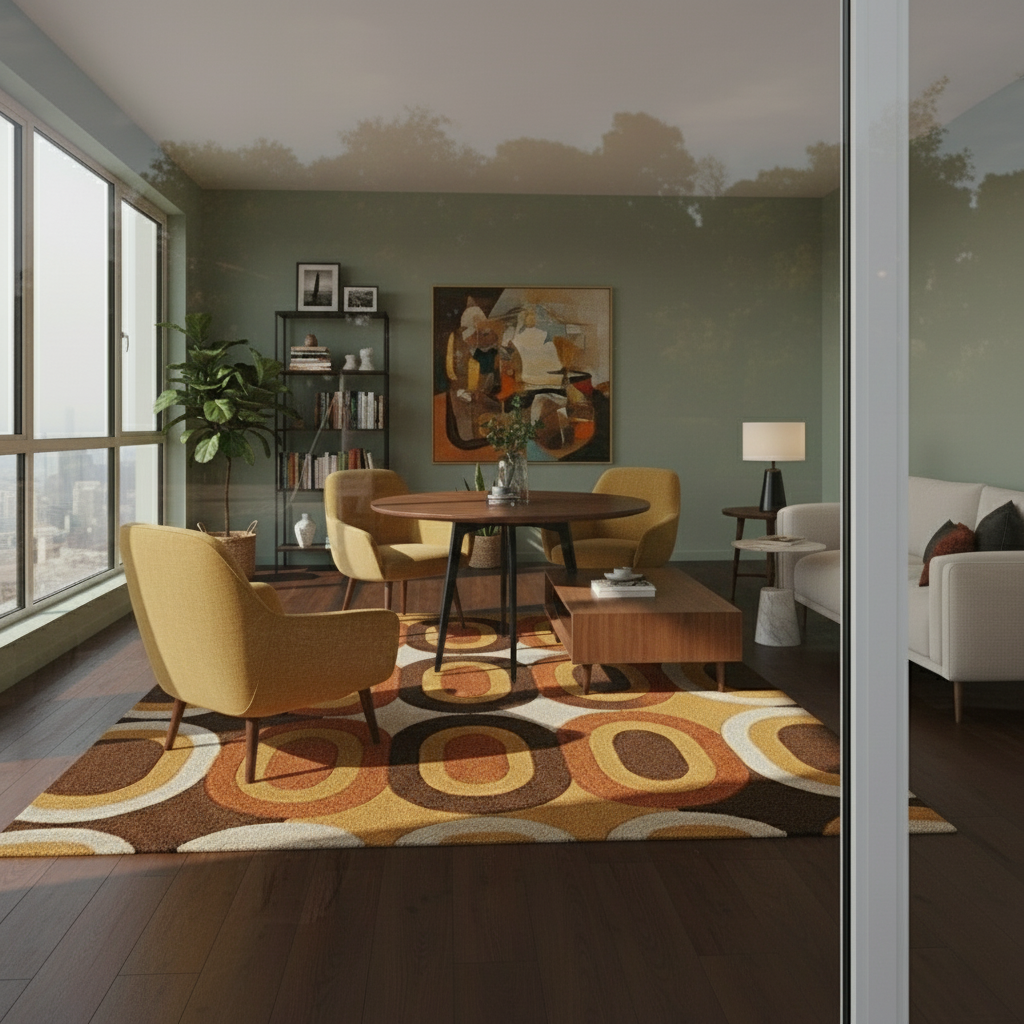 Retro Orange Brown Patterned Wool Blend Area Rug