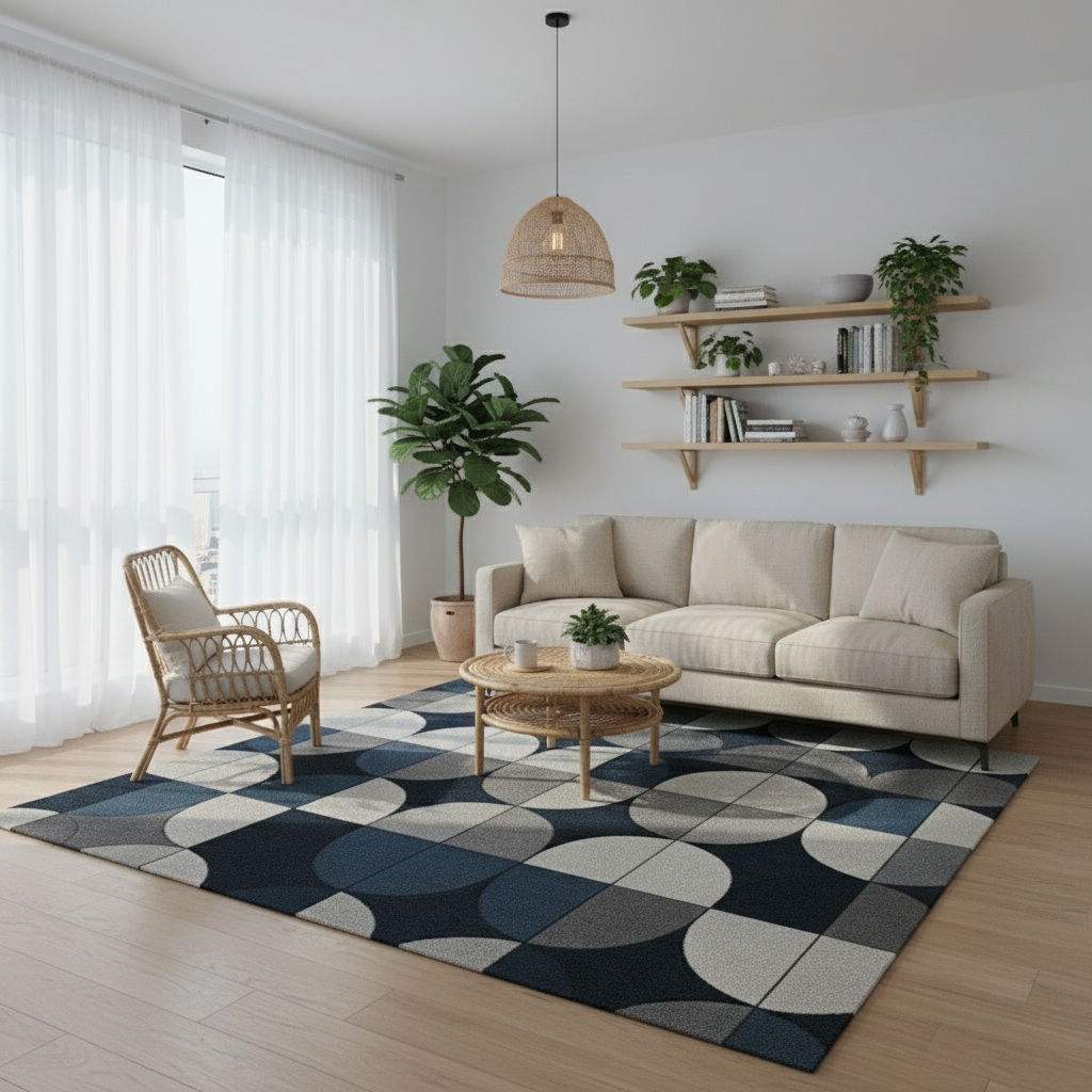 Hand-tufted rug featuring blue, gray, and white abstract shapes