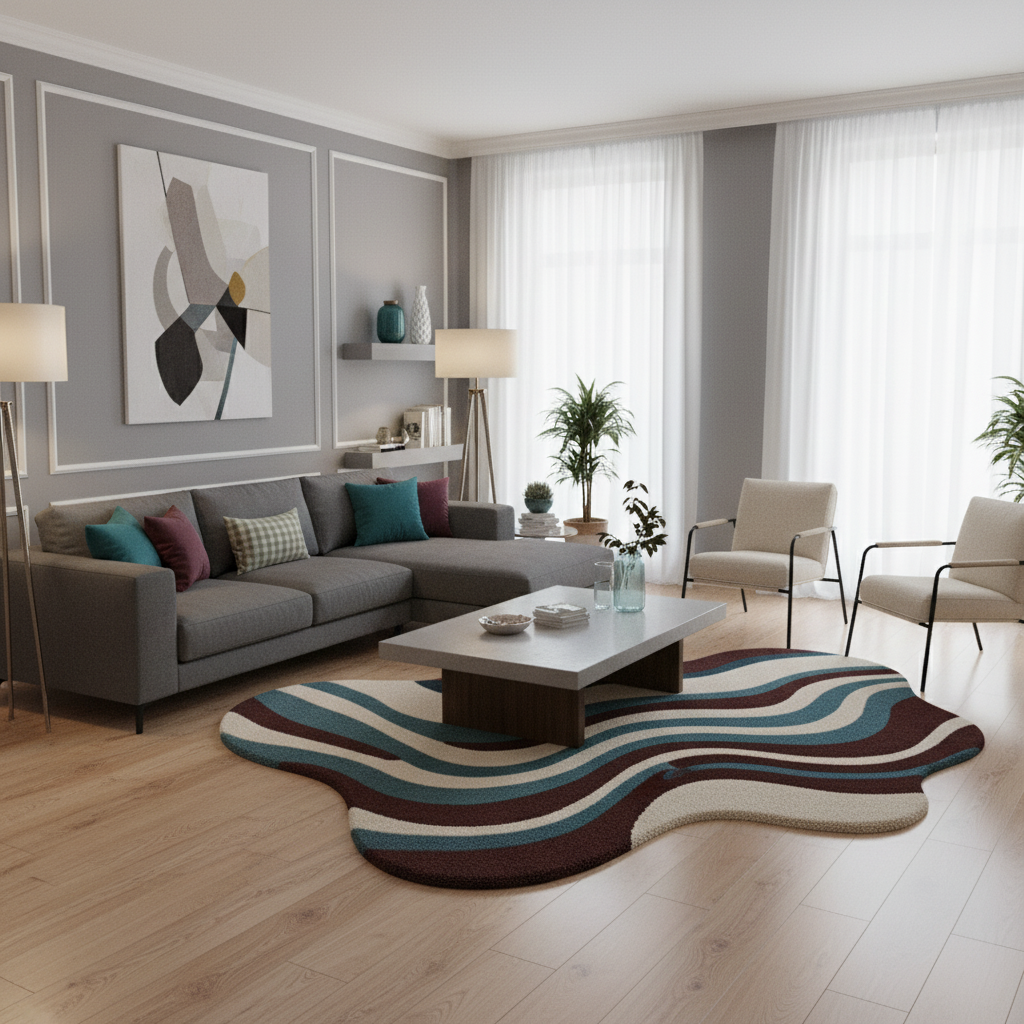 Outdoor patio with wavy pattern rug, furniture, and plants on a sunny day.
